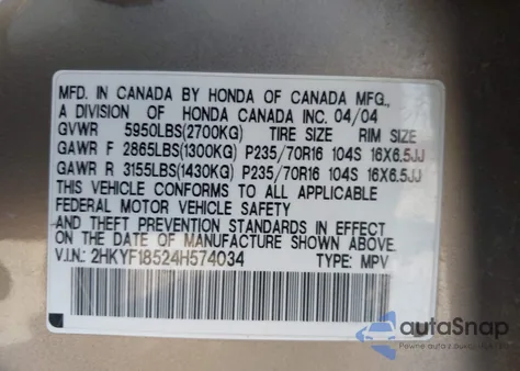 2004 Honda Pilot Exl from USA, damaged, VIN 2HKYF18524H574034